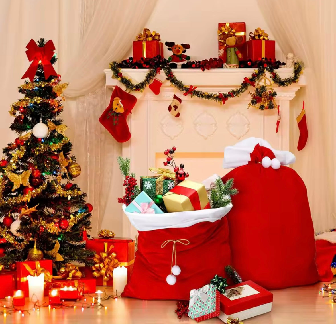 1Pcs Extra Large Santa Gift Sack Christmas Santa Gift Sack Santa Velvet Sack with Drawstring Merry Christmas Present Bag