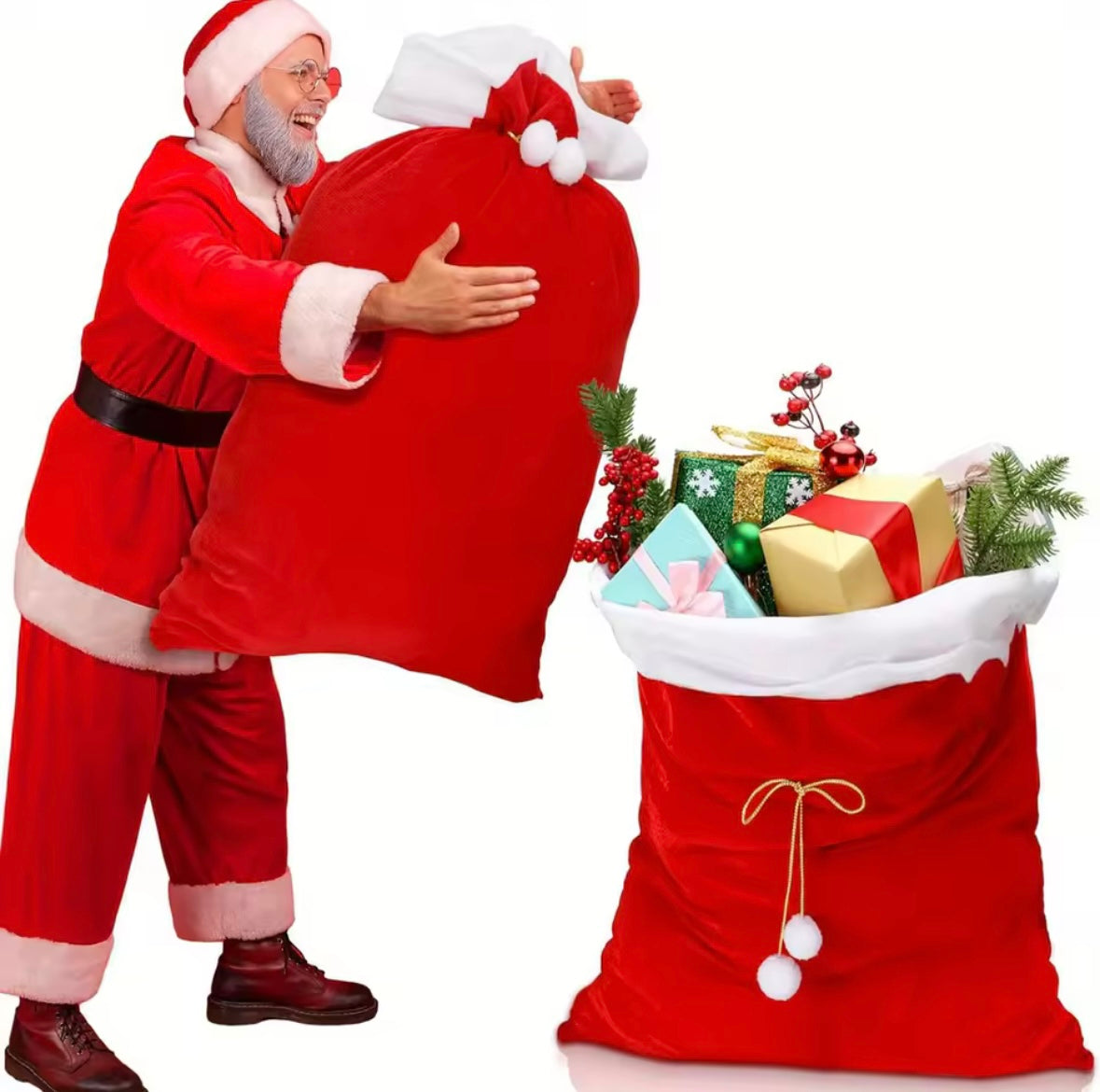 1Pcs Extra Large Santa Gift Sack Christmas Santa Gift Sack Santa Velvet Sack with Drawstring Merry Christmas Present Bag